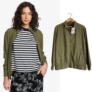 NWT Quicksilver Olive Green Bomber Moto Jacket Lightweight Relaxed Fit Tencel L